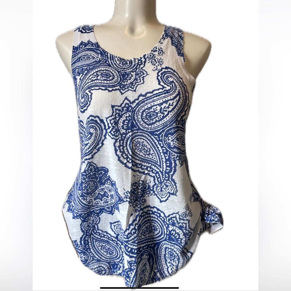The Limited” Long Vibrant Blue  Floral Scroll  Tank with rounded hem .